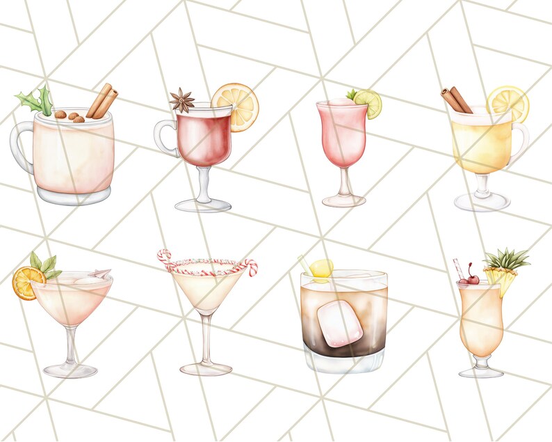 K&ouml;nnte beinhalten: Aquarellillustration von acht verschiedenen Cocktails. Zu den Getr&auml;nken geh&ouml;ren ein Becher mit Zimtstangen, ein Stielglas mit einer Orangenscheibe, ein rosa Cocktail mit einer Limette und ein gelber Cocktail mit einer Zitronenscheibe.