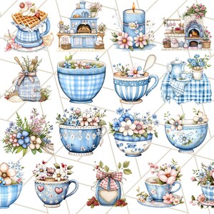 Blå Cottagecore kök Clipart, blommig kök PNG, vintage köksredskap, rustika rätter, lantliga matlagningselement, mysig köksinredning bild 10