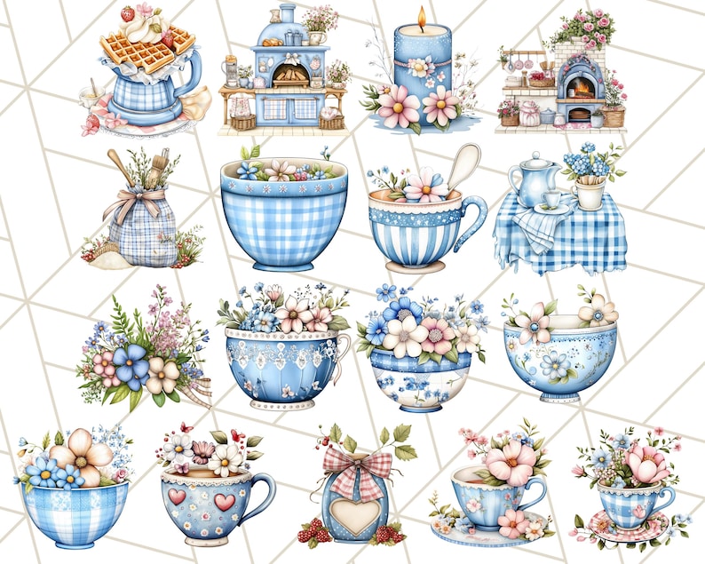 Blå Cottagecore kök Clipart, blommig kök PNG, vintage köksredskap, rustika rätter, lantliga matlagningselement, mysig köksinredning bild 10