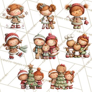 K&ouml;nnte beinhalten: Eine Sammlung von Aquarellillustrationen mit Lebkuchenm&auml;nnchen in verschiedenen Winter- und Weihnachtsszenen. Die Bilder zeigen Lebkuchenfiguren mit Winterm&uuml;tzen, Schals und festlichen Gegenst&auml;nden. Der Hintergrund hat ein geometrisches Muster. Das Thema ist Weihnachten.