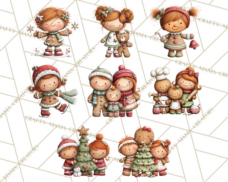 K&ouml;nnte beinhalten: Eine Sammlung von Aquarellillustrationen mit Lebkuchenm&auml;nnchen in verschiedenen Winter- und Weihnachtsszenen. Die Bilder zeigen Lebkuchenfiguren mit Winterm&uuml;tzen, Schals und festlichen Gegenst&auml;nden. Der Hintergrund hat ein geometrisches Muster. Das Thema ist Weihnachten.