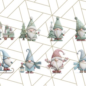 May include: A collection of whimsical watercolor illustrations featuring gnomes in winter attire. The gnomes are depicted with long white beards, wearing hats, scarves, and holding gifts, lanterns, and small Christmas trees. The color palette includes soft blues, greens, and pinks.