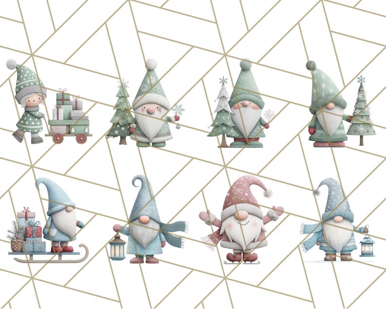 May include: A collection of whimsical watercolor illustrations featuring gnomes in winter attire. The gnomes are depicted with long white beards, wearing hats, scarves, and holding gifts, lanterns, and small Christmas trees. The color palette includes soft blues, greens, and pinks.