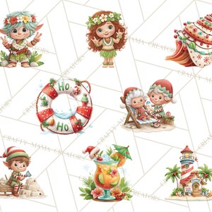 May include: Watercolor illustrations of Christmas-themed tropical characters and objects. Includes elves, a seashell, a life preserver with "Ho" text, a cocktail, and a lighthouse. The characters are wearing Santa hats and leis.