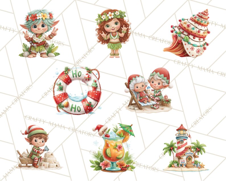 May include: Watercolor illustrations of Christmas-themed tropical characters and objects. Includes elves, a seashell, a life preserver with "Ho" text, a cocktail, and a lighthouse. The characters are wearing Santa hats and leis.