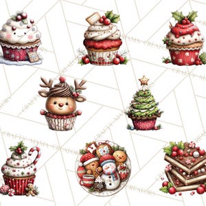 Puede incluir: Ilustraciones en acuarela de cupcakes y postres con tem&aacute;tica navide&ntilde;a. Los cupcakes presentan dise&ntilde;os festivos como un reno, un &aacute;rbol de Navidad y bayas de acebo. Los postres est&aacute;n decorados con detalles rojos, blancos y verdes.