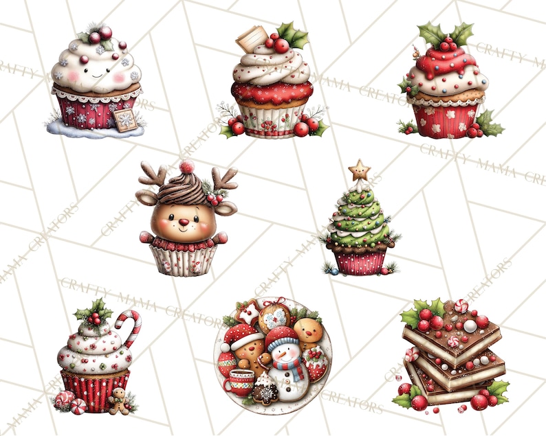 Puede incluir: Ilustraciones en acuarela de cupcakes y postres con tem&aacute;tica navide&ntilde;a. Los cupcakes presentan dise&ntilde;os festivos como un reno, un &aacute;rbol de Navidad y bayas de acebo. Los postres est&aacute;n decorados con detalles rojos, blancos y verdes.