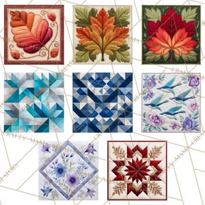 Peut inclure: Une collection de blocs de courtepointe carr&eacute;s color&eacute;s avec divers motifs. Les blocs comprennent des motifs de feuilles dans les tons de rouge, orange et vert, des motifs g&eacute;om&eacute;triques en bleu et blanc, et des motifs floraux et d'oiseaux. Les blocs sont sur fond blanc.