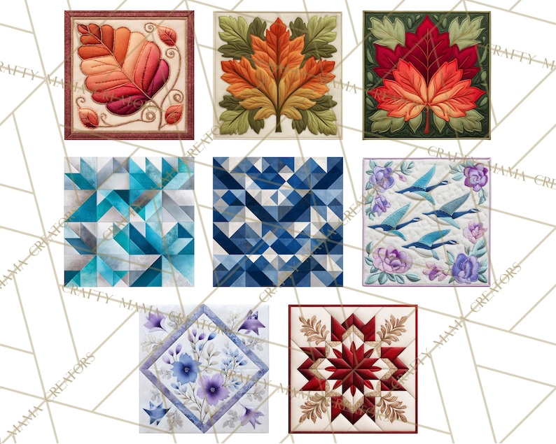 Peut inclure: Une collection de blocs de courtepointe carr&eacute;s color&eacute;s avec divers motifs. Les blocs comprennent des motifs de feuilles dans les tons de rouge, orange et vert, des motifs g&eacute;om&eacute;triques en bleu et blanc, et des motifs floraux et d'oiseaux. Les blocs sont sur fond blanc.