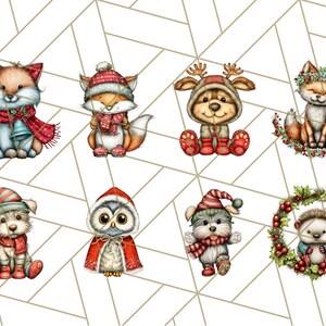 May include: A collection of eight whimsical Christmas-themed animal illustrations. The animals include foxes, a bear, a dog, an owl, and a hedgehog, all adorned with festive attire like hats, scarves, and wreaths. The illustrations are set against a geometric background.