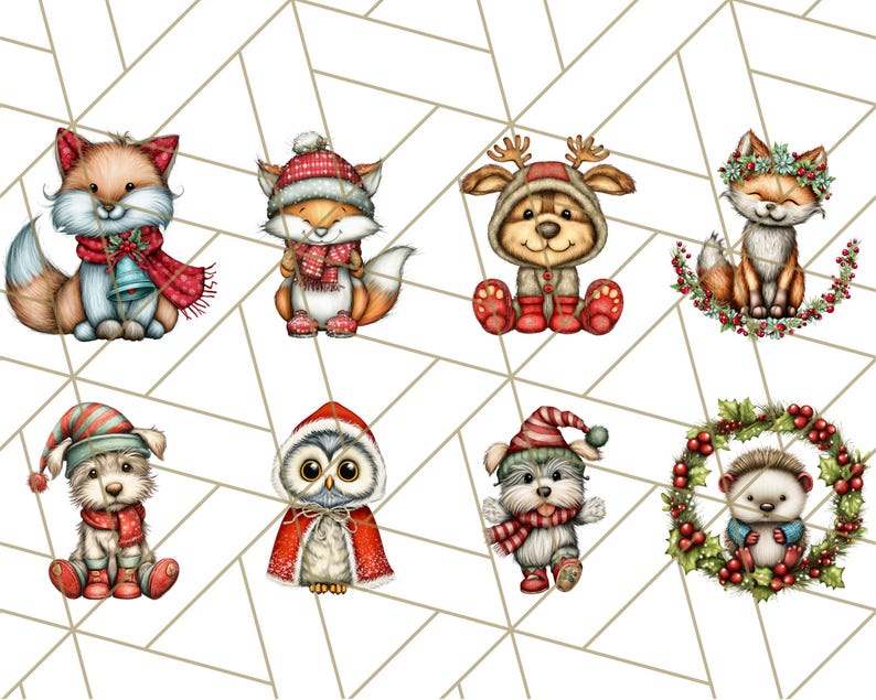 May include: A collection of eight whimsical Christmas-themed animal illustrations. The animals include foxes, a bear, a dog, an owl, and a hedgehog, all adorned with festive attire like hats, scarves, and wreaths. The illustrations are set against a geometric background.