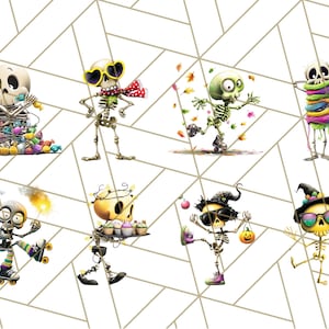 May include: A collection of whimsical skeleton illustrations. Each skeleton is depicted in a unique pose, some with accessories like sunglasses, scarves, and hats. The skeletons are engaged in various activities, such as skating, carrying cupcakes, and holding sparklers.