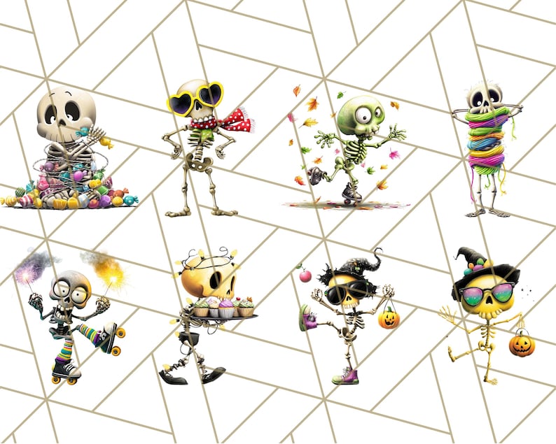 May include: A collection of whimsical skeleton illustrations. Each skeleton is depicted in a unique pose, some with accessories like sunglasses, scarves, and hats. The skeletons are engaged in various activities, such as skating, carrying cupcakes, and holding sparklers.