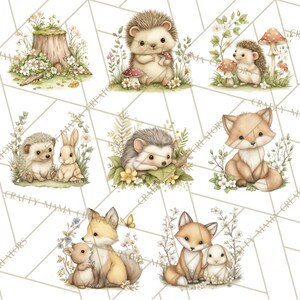 May include: A collection of watercolour illustrations featuring woodland creatures such as hedgehogs, foxes, and rabbits, set amongst flowers and mushrooms. The artwork uses a soft, pastel colour palette and has a whimsical, storybook style. The images are on a white background with a geometric pattern.
