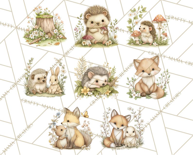 May include: A collection of watercolour illustrations featuring woodland creatures such as hedgehogs, foxes, and rabbits, set amongst flowers and mushrooms. The artwork uses a soft, pastel colour palette and has a whimsical, storybook style. The images are on a white background with a geometric pattern.