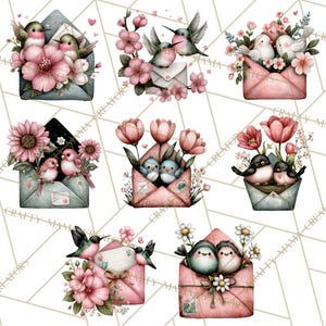 May include: Watercolor illustrations of birds and flowers in envelopes. The envelopes are in various shades of pink and blue, with the birds and flowers in shades of pink, white, and green. The overall theme is romantic and whimsical.