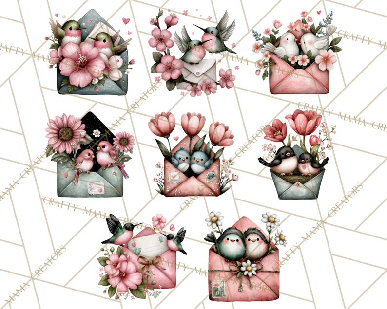 May include: Watercolor illustrations of birds and flowers in envelopes. The envelopes are in various shades of pink and blue, with the birds and flowers in shades of pink, white, and green. The overall theme is romantic and whimsical.