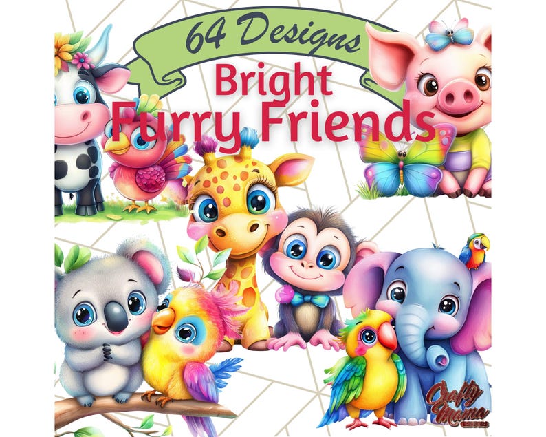 May include: 64 Designs Bright Furry Friends - A collection of colorful cartoon animal illustrations featuring a cow, bird, giraffe, monkey, elephant, koala, and parrot.