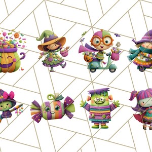 May include: A collection of whimsical Halloween-themed illustrations. The images feature cartoon characters such as witches, a Frankenstein monster, and a smiling pumpkin, all in vibrant colors. The characters are depicted with candy and riding scooters.
