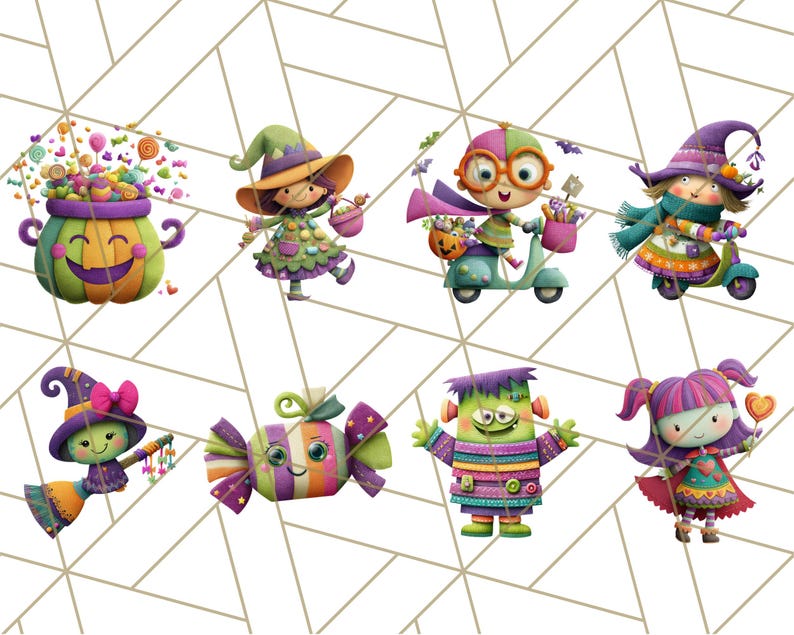 May include: A collection of whimsical Halloween-themed illustrations. The images feature cartoon characters such as witches, a Frankenstein monster, and a smiling pumpkin, all in vibrant colors. The characters are depicted with candy and riding scooters.