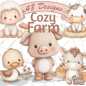 Peut inclure: Illustration num&eacute;rique de six animaux de la ferme : un mouton, une vache, un cochon, un canard et un &acirc;ne. Le texte "Cozy Farm" et "48 Designs" est affich&eacute; au-dessus des animaux. Les animaux sont dessin&eacute;s dans un style mignon et cartoon.