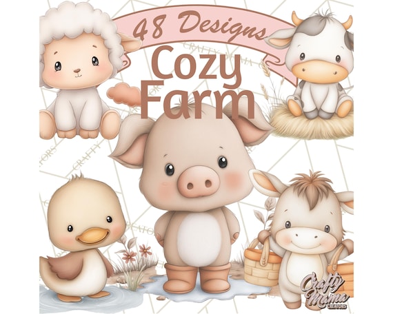 48 Png, Farm Animal Clipart, Cozy Farmhouse PNG, Cute Barnyard Animals, Pastel Cow Pig Chicken, Printable Rustic Art, Flat Vector