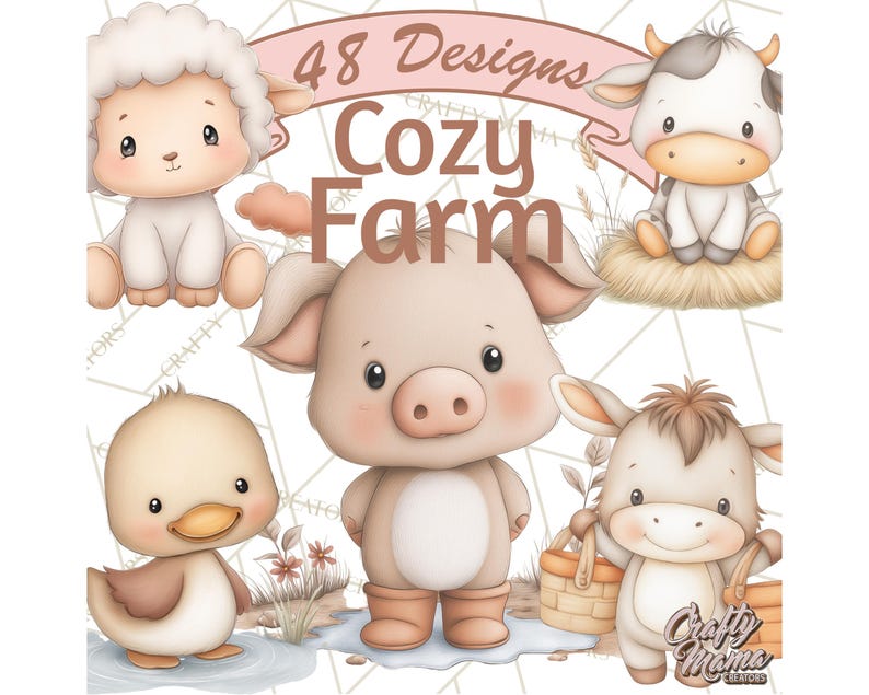 Peut inclure: Illustration num&eacute;rique de six animaux de la ferme : un mouton, une vache, un cochon, un canard et un &acirc;ne. Le texte "Cozy Farm" et "48 Designs" est affich&eacute; au-dessus des animaux. Les animaux sont dessin&eacute;s dans un style mignon et cartoon.