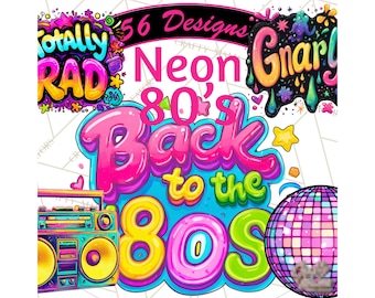 56 Png, Neon 80s Clipart, Retro Sticker PNGs, Totally Rad Text and Objects, Bright Bold Outline 1980s Aesthetic, Vaporwave Clip Art PNG