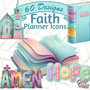 May include: Digital planner icons with a faith theme. The image features a church, an open book, a closed book, and the words "AMEN" and "HOPE". The colour palette includes pastel shades of blue, pink, and yellow. Text reads "60 Designs Faith Planner Icons".