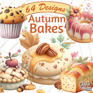 Puede incluir: Ilustración de productos horneados con temática otoñal, como un muffin, una rosquilla, una tarta y pan. La imagen está etiquetada como "64 Designs Autumn Bakes". Muestra una variedad de delicias con nueces, glaseado y fruta, con un tema otoñal.