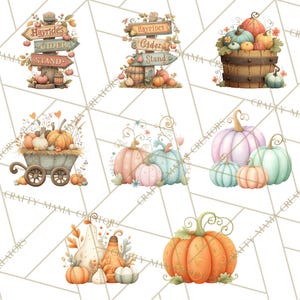 May include: Watercolor illustrations of fall-themed elements. The image features pumpkins in various sizes and colors, a wooden barrel, a wagon, and a sign that reads "Hayrides Cider Stand". The artwork has a soft, pastel color palette.