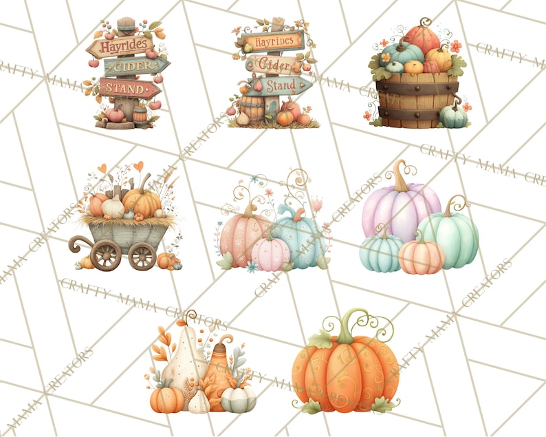 May include: Watercolor illustrations of fall-themed elements. The image features pumpkins in various sizes and colors, a wooden barrel, a wagon, and a sign that reads "Hayrides Cider Stand". The artwork has a soft, pastel color palette.