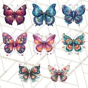 Puede incluir: Una colecci&oacute;n de siete ilustraciones de mariposas en acuarela. Cada mariposa presenta patrones intrincados y una variedad de colores, incluyendo morado, azul, naranja y rosa. Las mariposas est&aacute;n representadas con alas detalladas y delicadas antenas.