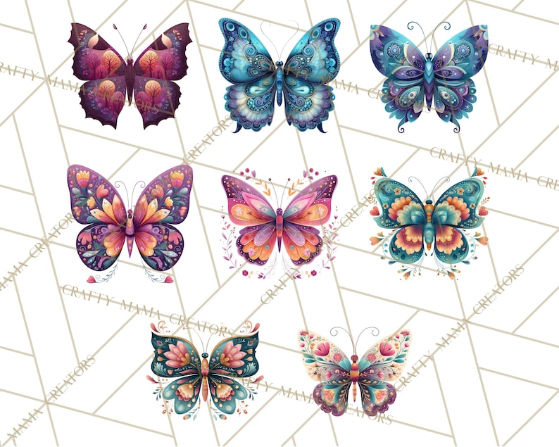 Puede incluir: Una colecci&oacute;n de siete ilustraciones de mariposas en acuarela. Cada mariposa presenta patrones intrincados y una variedad de colores, incluyendo morado, azul, naranja y rosa. Las mariposas est&aacute;n representadas con alas detalladas y delicadas antenas.
