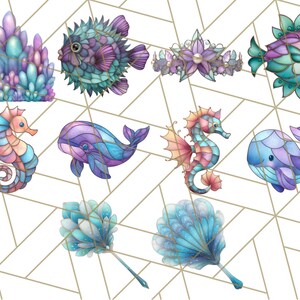 Op de afbeelding: Een set van tien kleurrijke, glas-in-lood stijl illustraties van zeedieren en accessoires. De illustraties omvatten een zeepaardje, een walvis, een kogelvis, een kroon, een schelp en een koraalrif.
