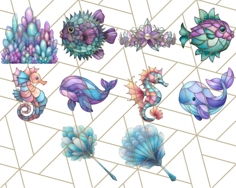 Op de afbeelding: Een set van tien kleurrijke, glas-in-lood stijl illustraties van zeedieren en accessoires. De illustraties omvatten een zeepaardje, een walvis, een kogelvis, een kroon, een schelp en een koraalrif.