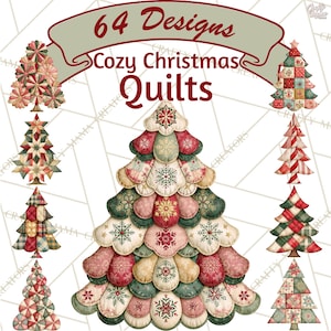 Peut inclure: Un graphique numérique présentant 64 Designs Cozy Christmas Quilts avec un grand sapin matelassé central entouré de huit illustrations de sapins plus petits. Les sapins présentent divers motifs en tissu rouge, vert et crème.