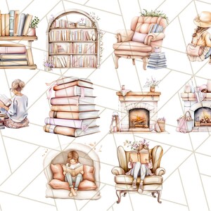 Op de afbeelding: Een digitale illustratie van een knusse leeshoek met een open haard, boekenkasten en mensen die lezen. De illustratie is gemaakt in aquarelstijl met zachte kleuren en een sprookjesachtig gevoel.