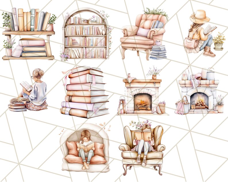 Op de afbeelding: Een digitale illustratie van een knusse leeshoek met een open haard, boekenkasten en mensen die lezen. De illustratie is gemaakt in aquarelstijl met zachte kleuren en een sprookjesachtig gevoel.