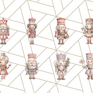 以下が含まれることがあります： さまざまなポーズと衣装の、8つの玩具くるみ割り人形の水彩イラスト。くるみ割り人形は赤、ピンク、青の色合いで、金色のアクセントが付いています。幾何学的な金色の模様の白い背景に配置されています。