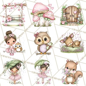 Puede incluir: Una colecci&oacute;n de ilustraciones caprichosas con criaturas del bosque y elementos de cuento de hadas. Las im&aacute;genes incluyen un columpio, setas, una puerta de madera, una bailarina, un b&uacute;ho, un ciervo y una ardilla, todo en colores pastel suaves con acentos florales.