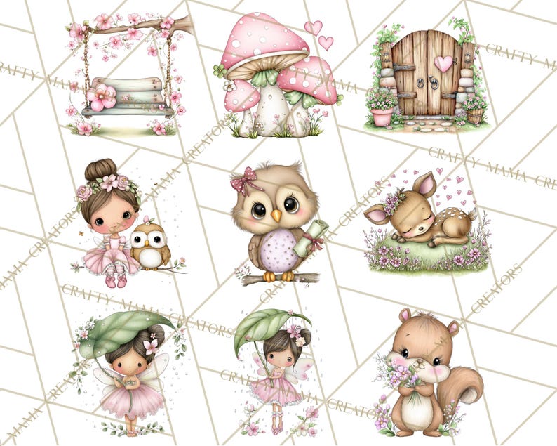 Puede incluir: Una colecci&oacute;n de ilustraciones caprichosas con criaturas del bosque y elementos de cuento de hadas. Las im&aacute;genes incluyen un columpio, setas, una puerta de madera, una bailarina, un b&uacute;ho, un ciervo y una ardilla, todo en colores pastel suaves con acentos florales.