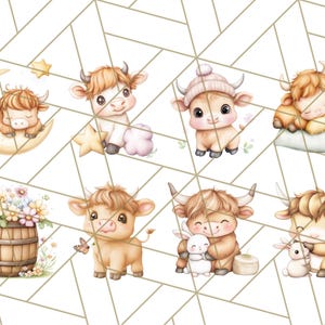 May include: Eight watercolor illustrations of cute cartoon brown and white Highland cows in various poses. The cows are wearing hats, sleeping, holding a bunny, and surrounded by flowers.