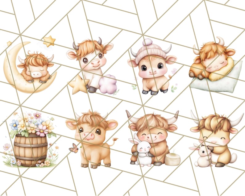 May include: Eight watercolor illustrations of cute cartoon brown and white Highland cows in various poses. The cows are wearing hats, sleeping, holding a bunny, and surrounded by flowers.