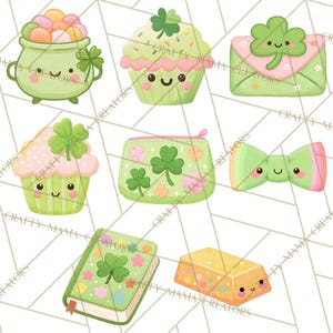 May include: A set of St. Patrick's Day themed illustrations. Features a green pot of gold, cupcakes, an envelope, a coin purse, a bow tie, a book, and a gold bar, all with cute faces and shamrock designs. The color scheme is mainly green, pink, and gold.