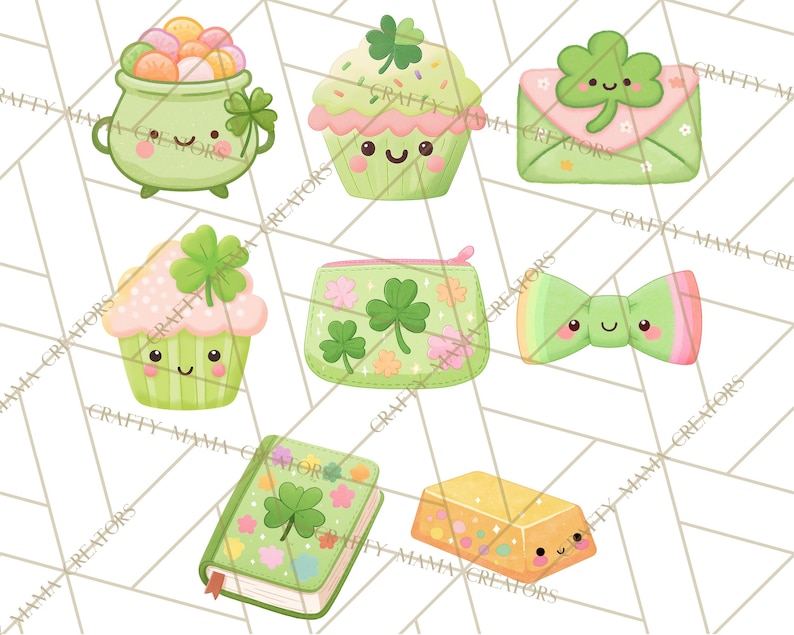 May include: A set of St. Patrick's Day themed illustrations. Features a green pot of gold, cupcakes, an envelope, a coin purse, a bow tie, a book, and a gold bar, all with cute faces and shamrock designs. The color scheme is mainly green, pink, and gold.