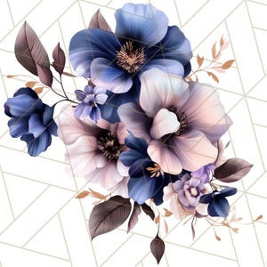May include: A bouquet of blue and purple flowers with pink accents. The flowers are arranged in a cluster and have a vintage aesthetic.
