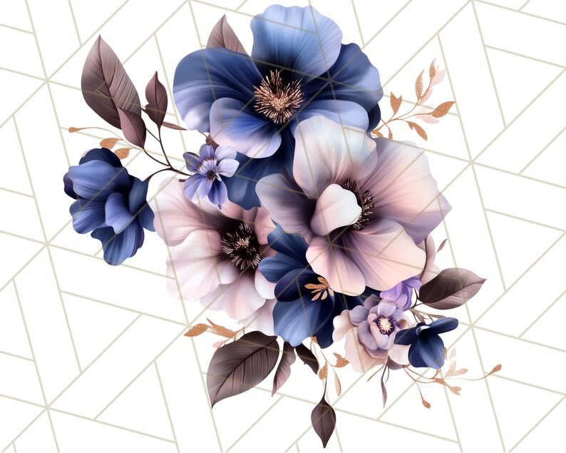 May include: A bouquet of blue and purple flowers with pink accents. The flowers are arranged in a cluster and have a vintage aesthetic.