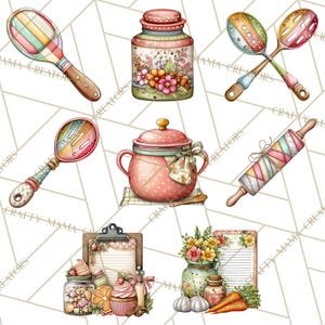 May include: A watercolour illustration of kitchen items, including a rolling pin, spoons, a jar, a pot, and a recipe clipboard. The items are in pastel colours with floral details.