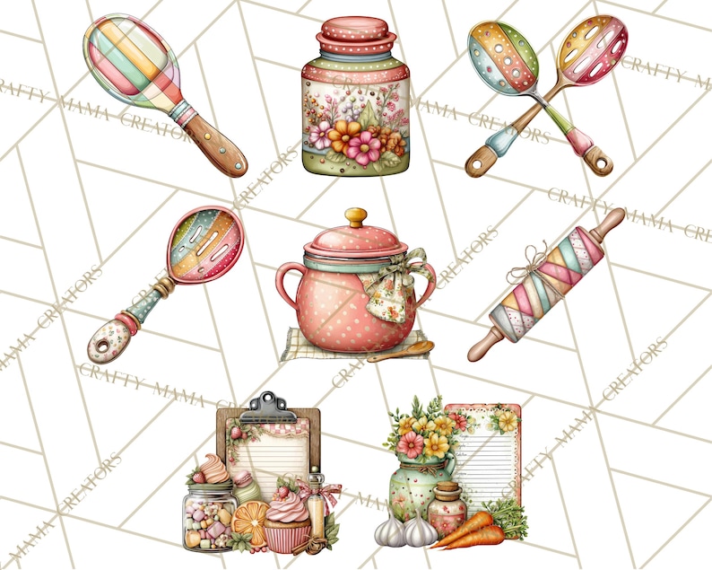 May include: A watercolour illustration of kitchen items, including a rolling pin, spoons, a jar, a pot, and a recipe clipboard. The items are in pastel colours with floral details.